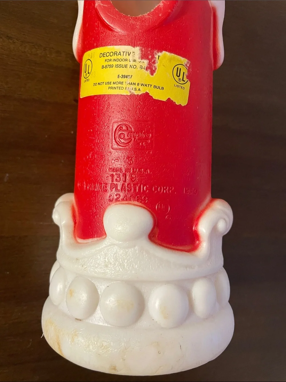 13” 1970 Red and White Noel Blow Mold Decorative Candle Accent (no light or cord